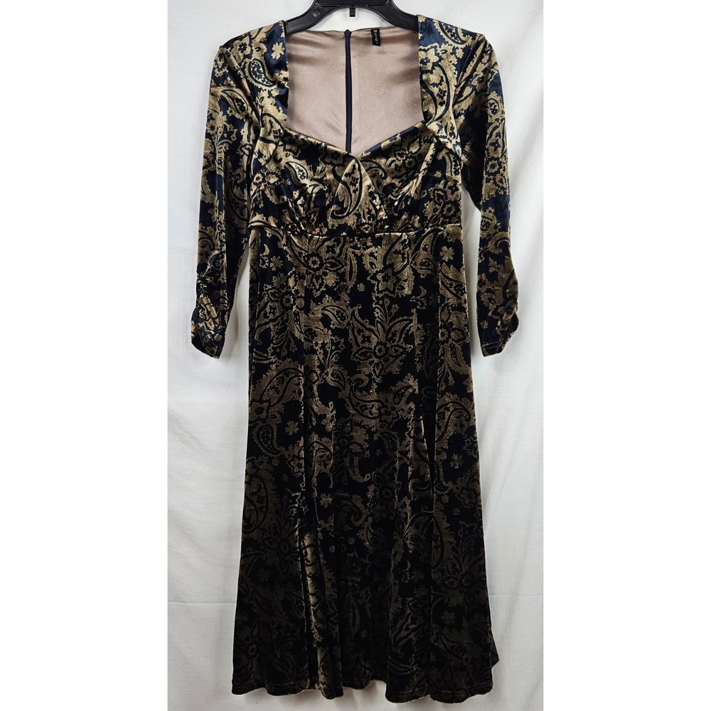 Monty Q Navy Gold‎ Paisley Velvet Sweetheart Dress Dark Romantic  Whimsigoth
